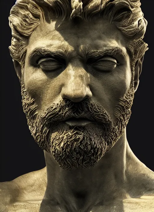 Prompt: ominous powerful marble sculpture of poseidon ’ s face, hyper - detailed, ultra - realistic, photo - bash, 8 k post - production, masterpiece, physically based rendering, intricate, golden ratio, environmental key art, octane render, weta digital, ray trace