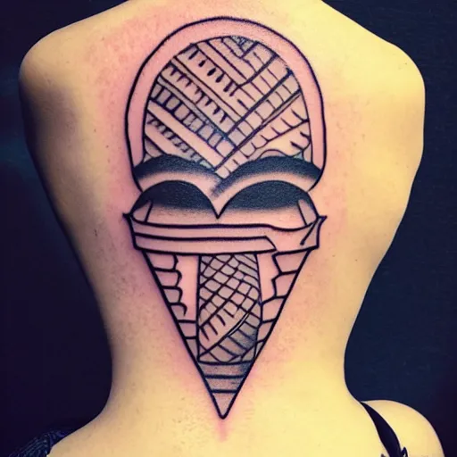 Image similar to A photograph of a tattoo of a holy ice cream cone, in a circle of glyphs, on the back of a woman's shaved head