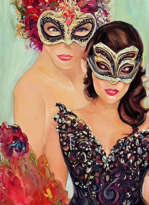 Image similar to a beautiful woman wearing an elaborate masquerade mask and matching ballgown, looking at the viewer with an alluring expression. painting by magali villanueve