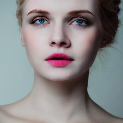 Image similar to woman with porcelain skin, pale eyes, pale pink lips. portrait, high - key, 4 k, photography,