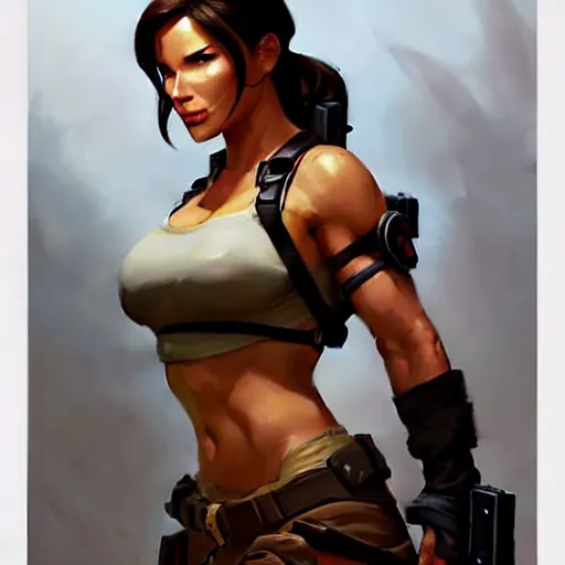 Image similar to Greg Manchess portrait painting of Lara Croft as Overwatch character, medium shot, asymmetrical, profile picture, Organic Painting, sunny day, Matte Painting, bold shapes, hard edges, street art, trending on artstation, by Huang Guangjian and Gil Elvgren and Sachin Teng