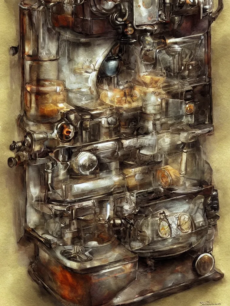 Prompt: ancient coffee machine, by Simon Stalenhaag, by Yoshita Amano, by Esao Andrews, sharp focus, fresh colors, deviantart