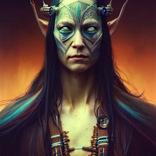 Image similar to portrait painting of a cyberpunk native american elven street samurai, ultra realistic, concept art, intricate details, eerie, highly detailed, photorealistic, octane render, 8 k, unreal engine. art by artgerm and greg rutkowski and charlie bowater and magali villeneuve and alphonse mucha