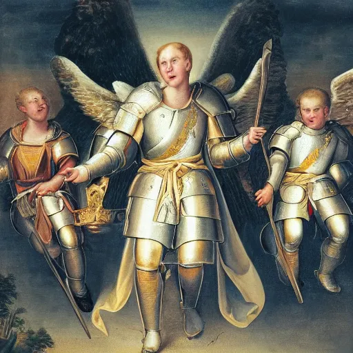Image similar to prince william wearing knight's armor with heavenly angels surrounding him
