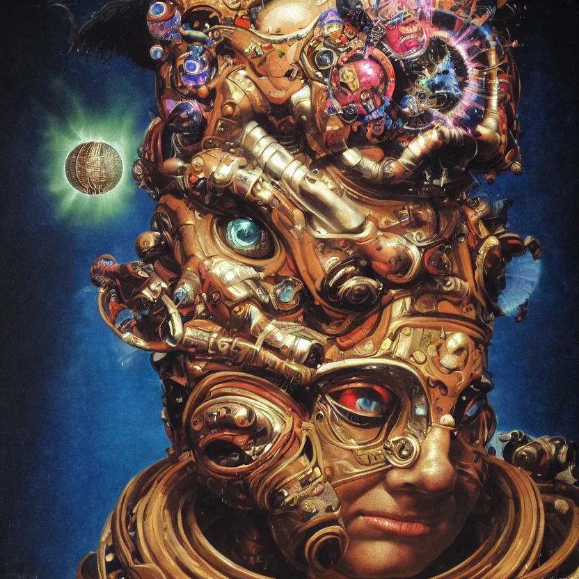 Prompt: a baroque close - up portrait of a cosmic alien fantasy cyborg shaman god wearing facepaint and a colorful laser eyes, holding a black orb. black background. studio lighting, big eyes. highly detailed science fiction fantasy painting by norman rockwell, moebius, frank frazetta, syd mead, and sandro botticelli. high contrast. renaissance masterpiece. artstation.