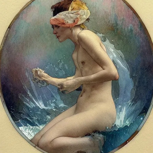 Prompt: a beautifull intricate watercolour painting of a bath, reflexions, verry high details by william turner art, greg rutkowski and alphonse mucha, trending on artstation, very very detailed, masterpiece, muted colors