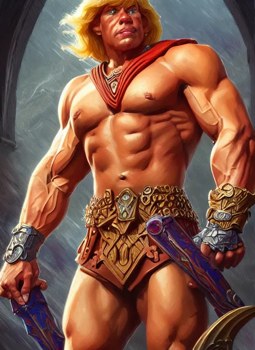 Image similar to portrait of he - man, d & d, muscular! fantasy, intricate, elegant, highly detailed, digital painting, artstation, concept art, smooth, sharp focus, illustration, art by artgerm and greg rutkowski and alphonse mucha