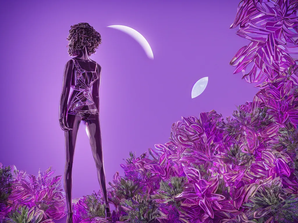 Image similar to beautiful mannequin sculpted out of amethyst by billelis + lit with 3 d geometric neon + facing a doorway opening with neon pink geometric fractal light + flowering hosta plants!!!, moon + city of los angeles in background!! dramatic, rule of thirds, award winning, 4 k, trending on artstation, photorealistic, volumetric lighting, octane render