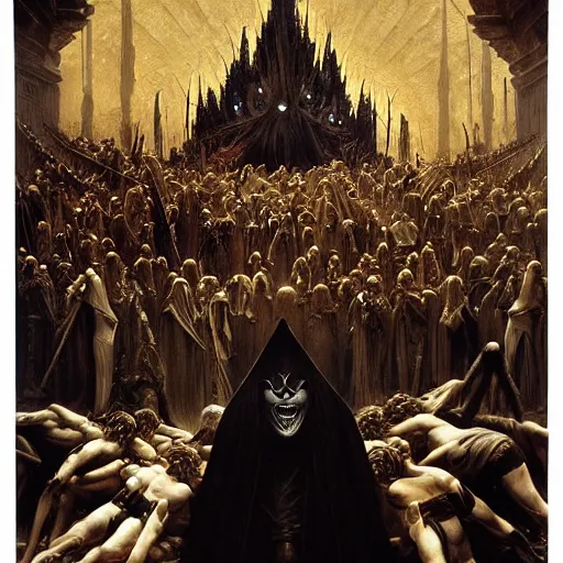 Image similar to dante's inferno, with people in black hooded tunic like in the film eyes wide shut of stanley kubrick, illuminati symbol, crows, skeletons, crosses, dark beauty, rotten gold, perfect faces, extremely detailed. highly detailed painting by gaston bussiere, craig mullins j. c. leyendecker 8 k