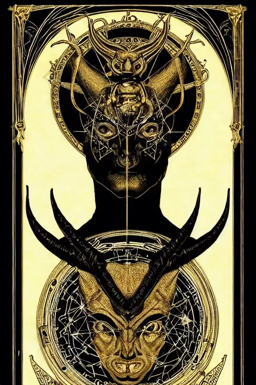 Prompt: Zodiac sign Virgo, Beautiful head of the devil, on black paper, symetrical, forsaken spirits, golden ratio, elements, gold, neon, baroque, rococco, white, ink, tarot card with ornate border frame, marc simonetti, paul pope, peter mohrbacher, detailed, occult symbols, intricate satanic ink illustration, by Alfons Mucha, Moebius, Charles Wess, Jeffrey Jones dynamic lighting