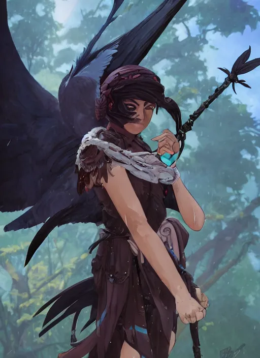 Image similar to concept art painting of a harpy pathfinder strix with black feathers, androgynous, pirate clothes, detailed, realistic, cel shaded, in the style of makoto shinkai and james gurney and alphonse mucha and greg rutkowski and artgerm