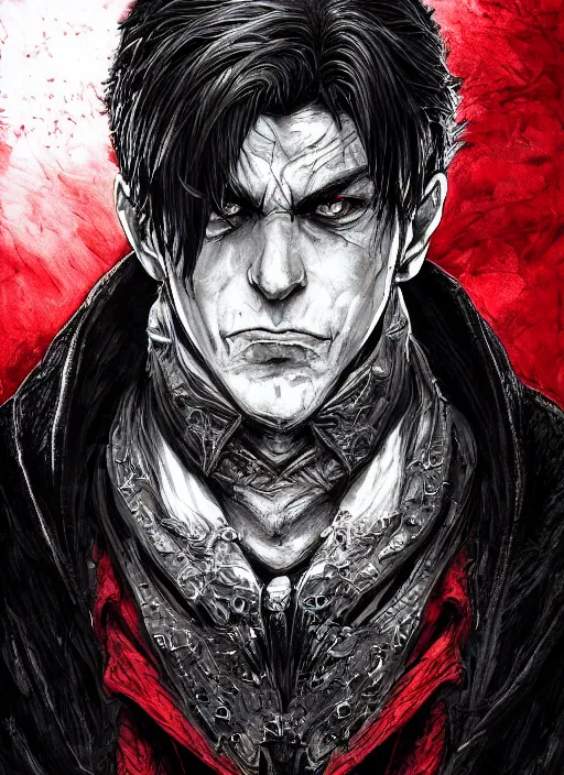 Image similar to close up portrait of a vampire in a dark cloak, black and red color, powerful, domineering, stoic, masterful, intense, ultrafine hyperdetailed illustration by kim jung gi, irakli nadar, intricate linework, sharp focus, octopath traveler, yoji shinkawa, highly rendered, detailed, concept art