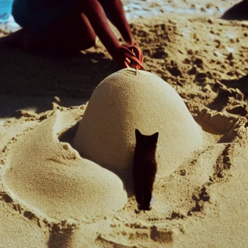 Image similar to a photo of cat making a sand castle on the beach, cinestill, 8 0 0 t, 3 5 mm, full - hd