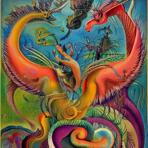 Image similar to strange mythical beasts of whimsy, surreal oil painting by ronny khalil and kandinsky, drawn by ernst haeckel, as an offering to zeus