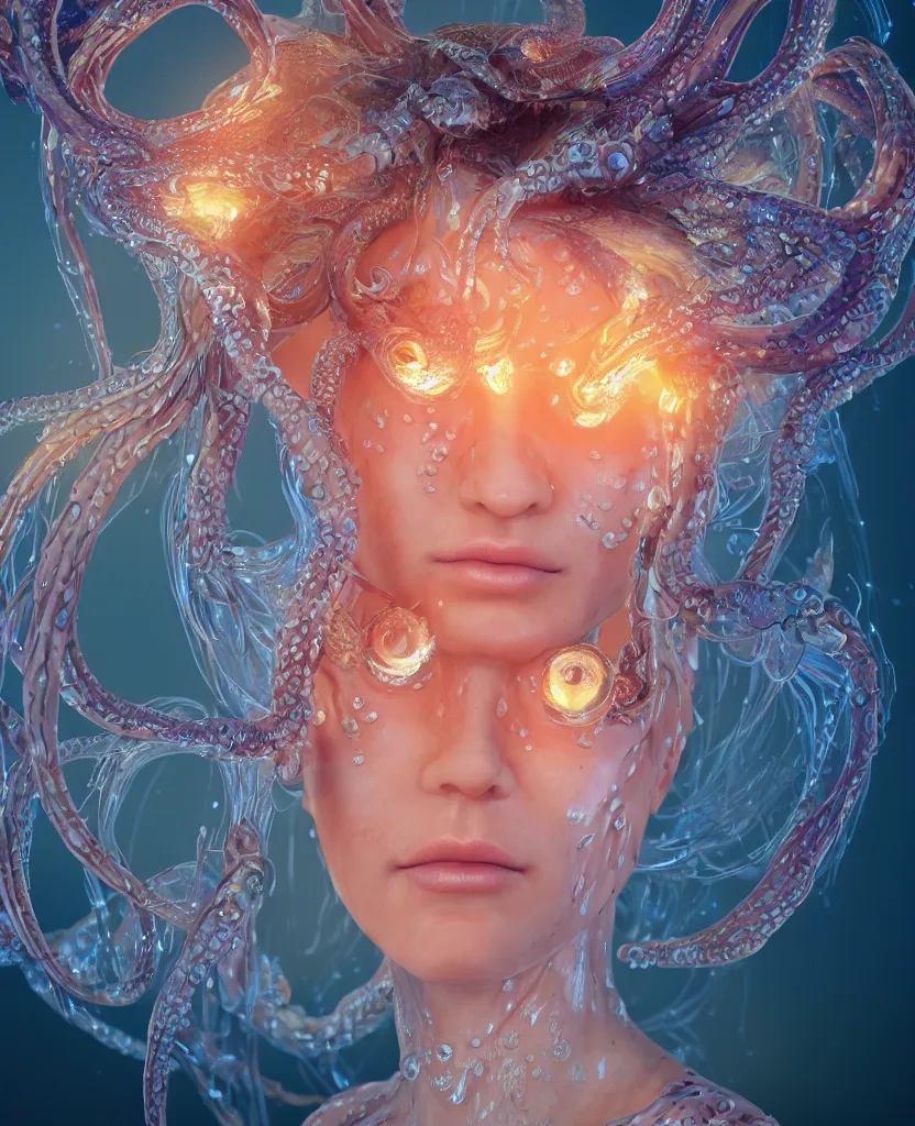 Image similar to close-up macro portrait of the face of a beautiful princess, epic angle and pose, symmetrical artwork, 3d with depth of field, blurred background, cybernetic jellyfish female face skull phoenix bird, translucent, nautilus, energy flows of water and fire. a highly detailed epic cinematic concept art CG render. made in Maya, Blender and Photoshop, octane render, excellent composition, cinematic dystopian brutalist atmosphere, dynamic dramatic cinematic lighting, aesthetic, very inspirational, arthouse. y Greg Rutkowski, Ilya Kuvshinov, WLOP, Stanley Artgerm Lau, Ruan Jia and Fenghua Zhong