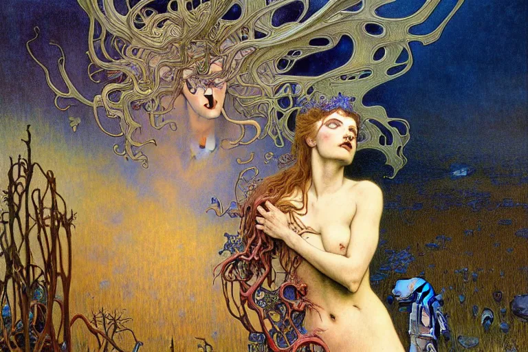 Image similar to realistic detailed portrait painting of a beautiful female zombie, nightly graveyard landscape background by Jean Delville, Amano, Yves Tanguy, Alphonse Mucha, Ernst Haeckel, Edward Robert Hughes, Roger Dean, masterpiece, cinematic composition, dramatic pose, 4k details, rich moody colours, blue eyes