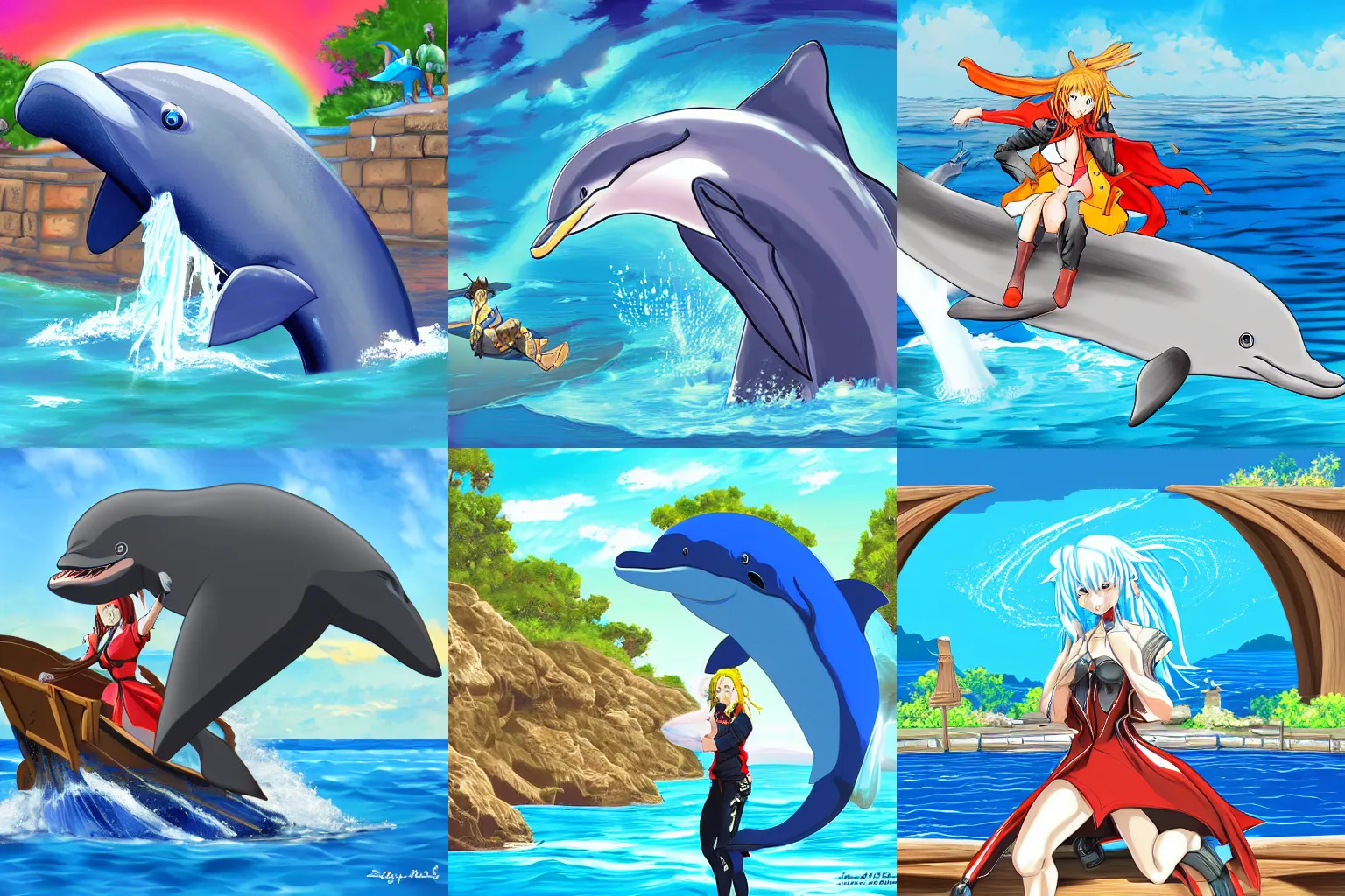 Prompt: Guilty Gear May riding a dolphin at Seaworld, digital art