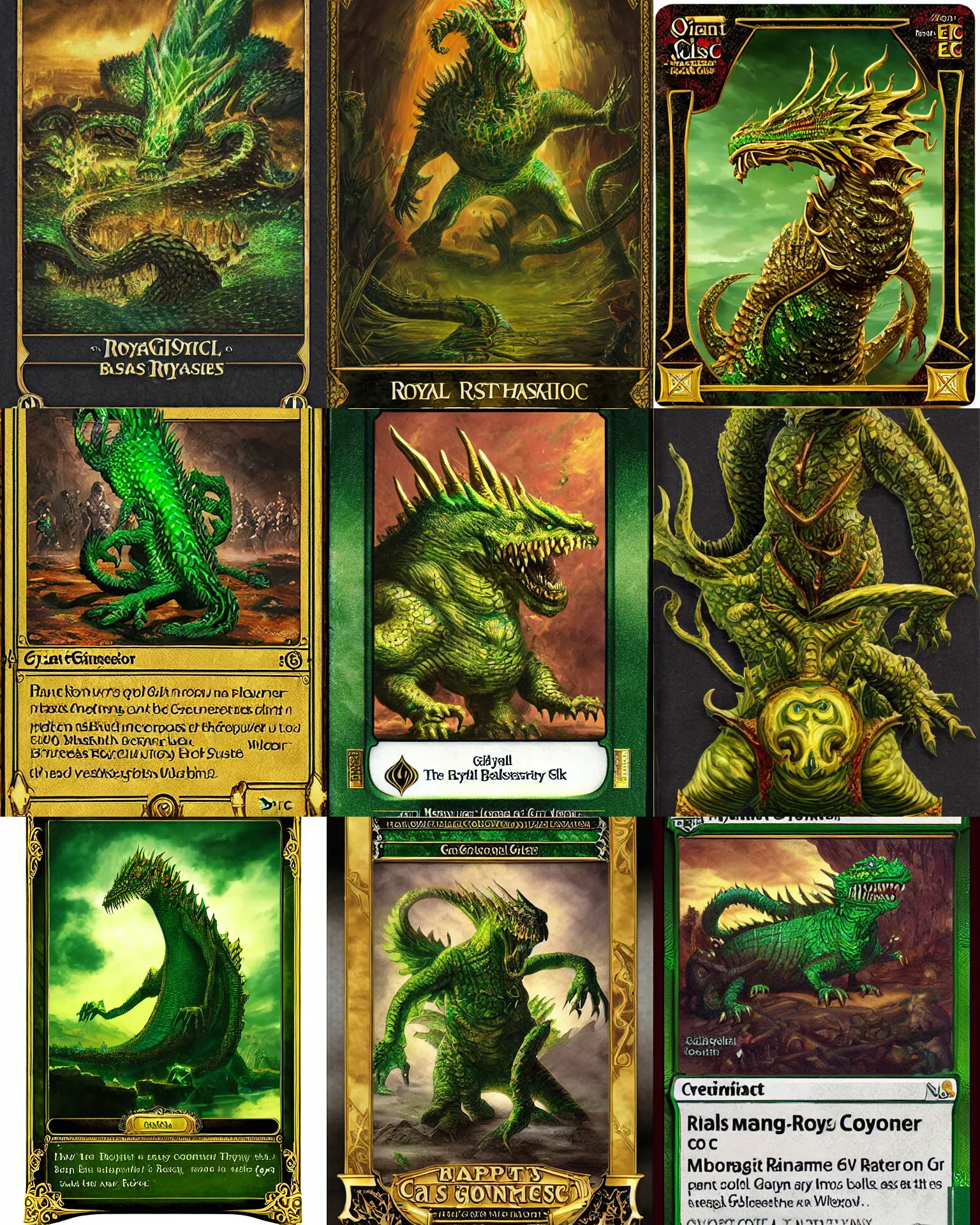 Image similar to a giant monster epic royal stone basilisk, gold green creature, magic : the gathering