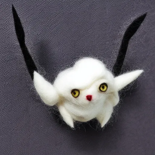 Image similar to photo of an intricately detailed representation of a accurate cat-bat made out of needle felt.