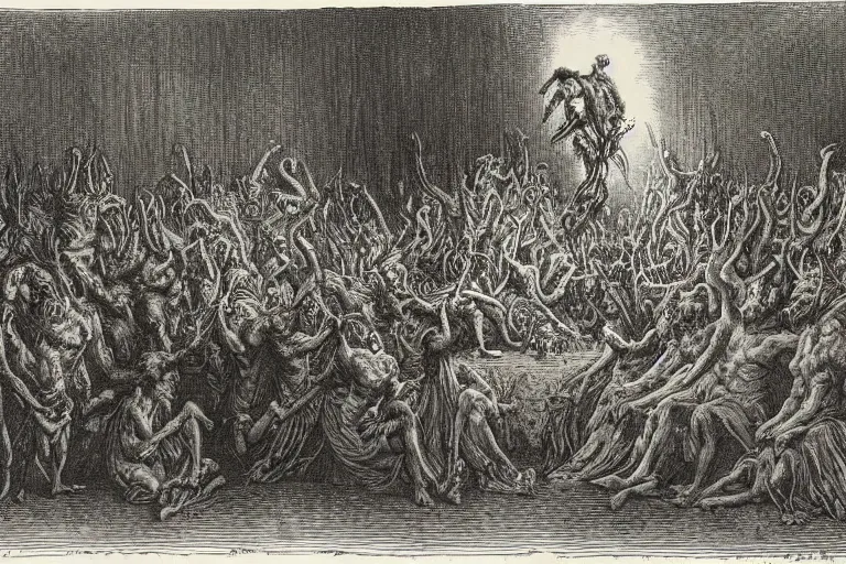 Image similar to demons eating cake, Gustave Dore lithography