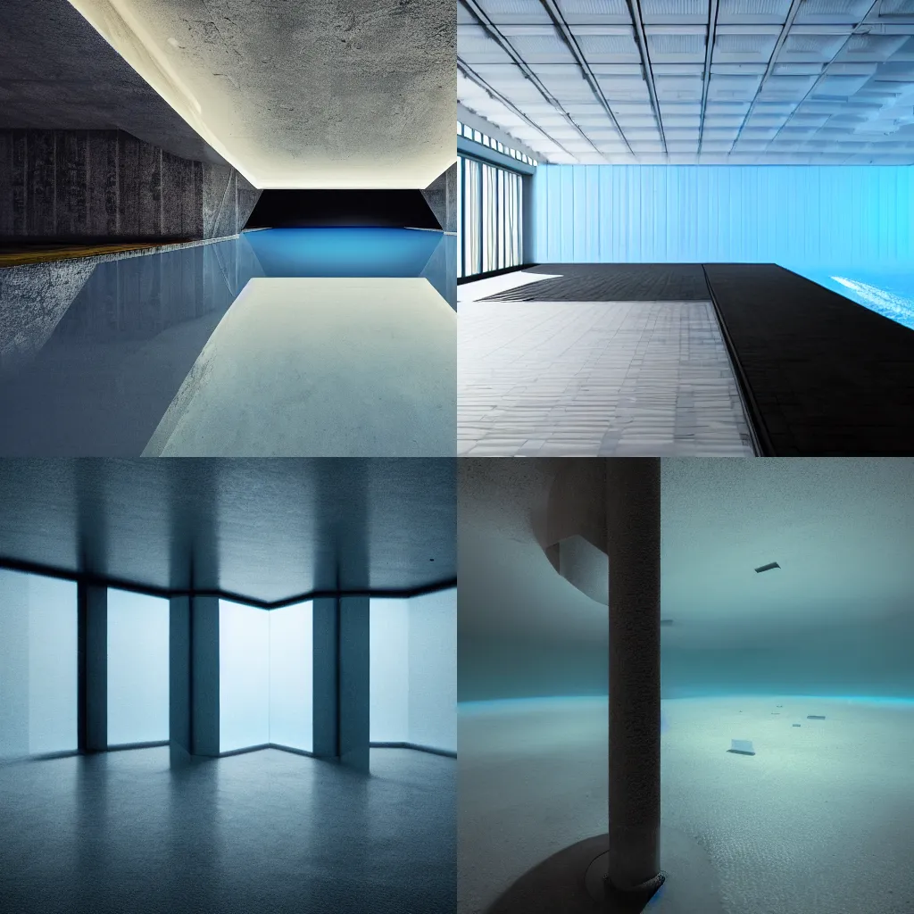 Prompt: empty alone dark polygonal liminal space encroaching endlessly with calm pools of reflective blackwater, eerie voluminous volumetric light diffusions in muted deep soft blue 8k photoengine