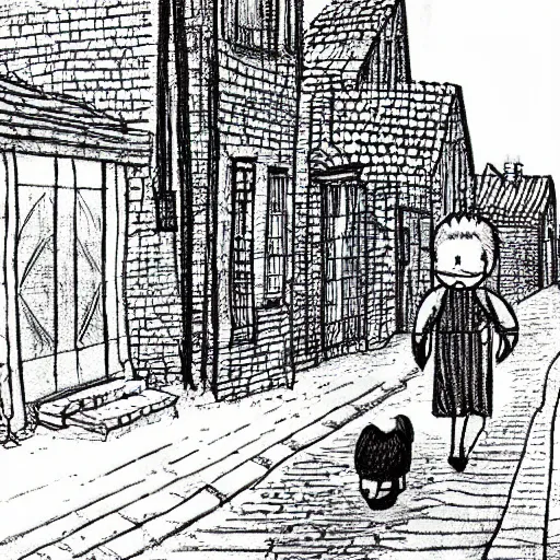 Prompt: rich detailed pencil drawing of little nicholas walking along a lonely village street, by jean - jacques sempe, by rene goscinny