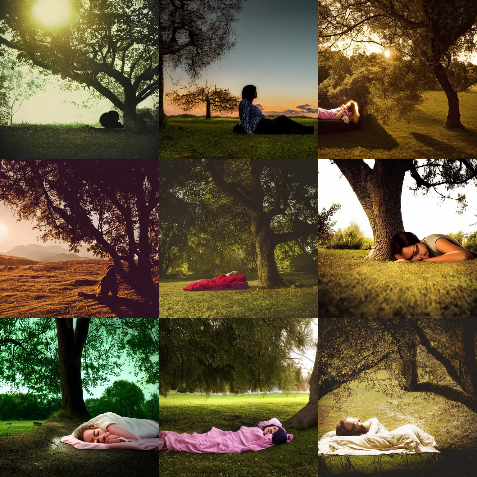 Prompt: a photograph of a woman sleeping under a tree, soft lighting