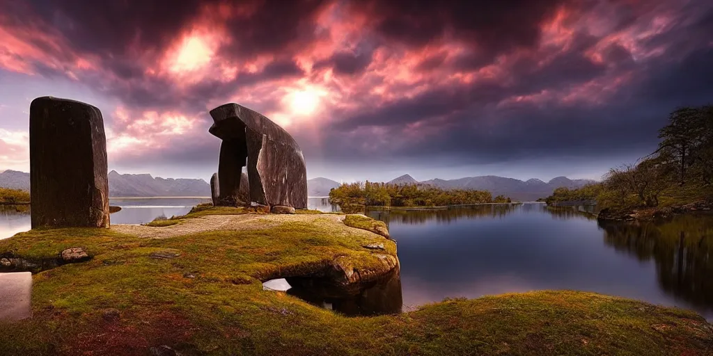 Image similar to amazing landscape photo of megalithic monolithic statue with lake at sunise by Marc Adamus beautiful dramatic lighting, surrealism