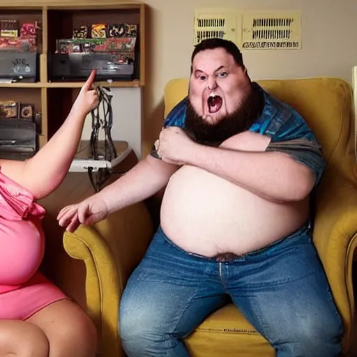 Prompt: man is being forced by his overweight wife to sell his video game collection on ebay. he is crying, she is screaming at him. real photo.