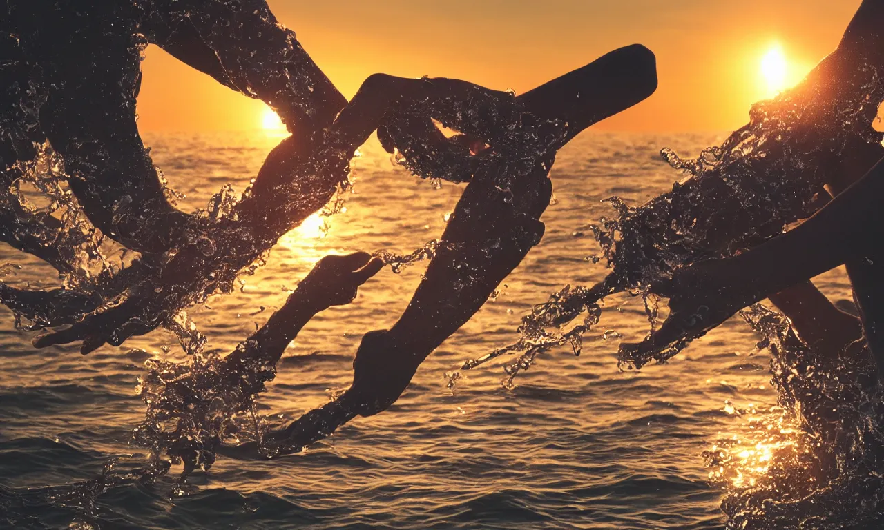 Prompt: illustration of many highly accurate arms gripping each other by the forearms, at sunset, in the style trending on artstation, cinematic, expressing the idea of teamwork, with water, waves, ocean spray, dramatic lighting