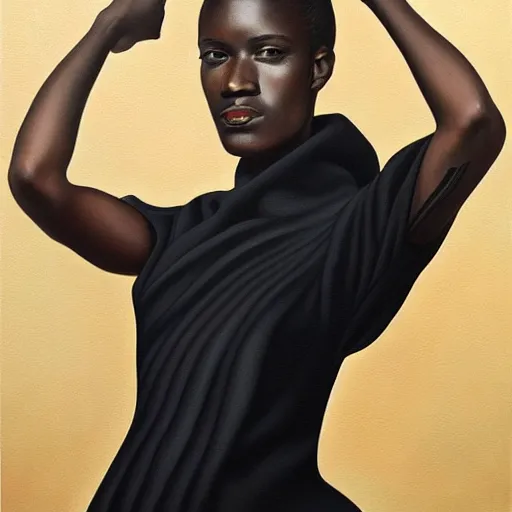 Image similar to a painting of a woman wearing a black dress, a portrait by kadir nelson, trending on cgsociety, afrofuturism, hyper realism, detailed painting, rococo