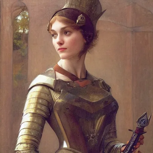 Image similar to annasophia robb in medieval armour, bowl haircut, mucha, bouguereau