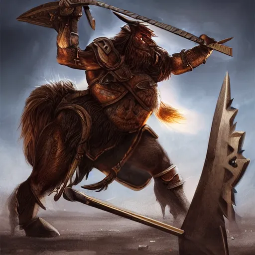 Prompt: Giant minotaur humanoid warrior with axe, tauren, concept art, paladin golden armor, hyperrealism, high details, digital painting, dark fantasy, guildwar artwork