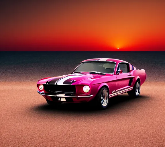 Image similar to shot of 1967 Ford mustang Shelby GT500 in pink color at sunset in front a beach, realistic reflections, 4k, HD Photography, octane render