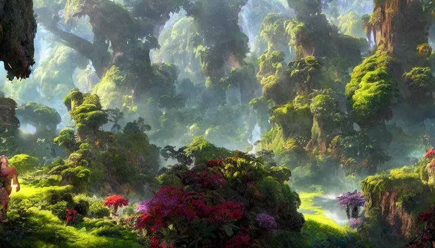 Image similar to craig mullins and ghibli digital illustration of the beastlands, avatar ( 2 0 0 9 ), lush landscape, jungle landscape, colorful, flowers unreal engine, hyper realism, realistic shading, cinematic composition, realistic render, octane render, detailed textures, photorealistic, wide shot,