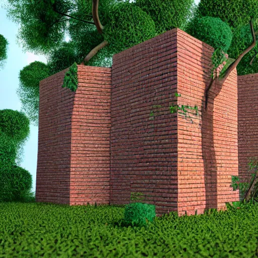 Image similar to cubic building made of bricks, overgrown with vegetation, one-point perspective, 4k, 8k