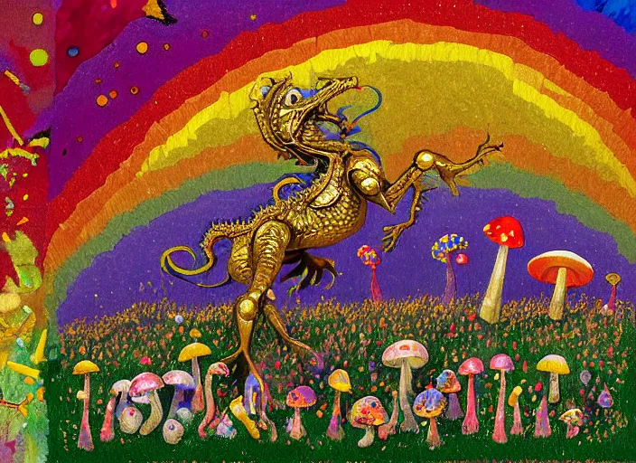 Prompt: pixel decollage painting golden armor alien zombie horseman riding on a crystal bone dragon broken rainbow diamond maggot horse in a blossoming meadow full of colorful mushrooms and golden foil toad blobs in a golden sunset, distant forest horizon, painted by Mark Rothko, Helen Frankenthaler, Danny Fox and Hilma af Klint, pixelated, neo expressionism, semi naive, pastel colors, cinematic, color field painting, cave painting, voxel, pop art look, outsider art, minimalistic. Bill Traylor painting, part by Philip Guston, Amano and Francis Bacon. art by Adrian Ghenie, very coherent symmetrical artwork, cinematic, hyper realism, high detail, octane render, unreal engine, Smooth gradients, depth of field, full body character drawing, extremely detailed, 8k, extreme detail, intricate detail, masterpiece