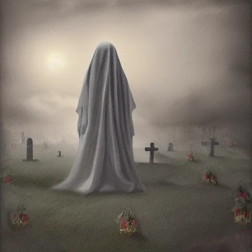 Image similar to ominous bedsheet ghost floating above a grave, oil painting, brush strokes, gloomy misty atmosphere, symmetrical, full body image, highly ornate intricate details,