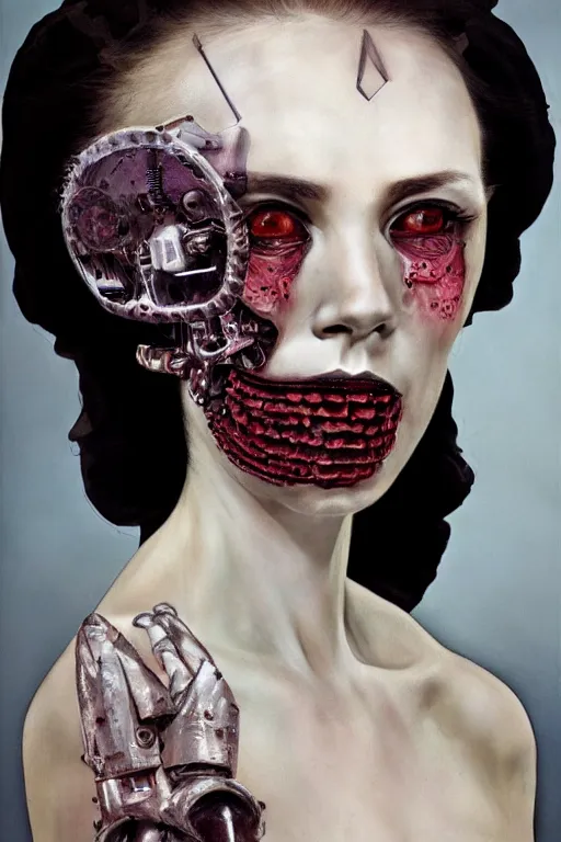 Prompt: hyperrealism close-up portrait of flowers merged medieval female hard melting cyborg , horror, microchips, pale skin, wearing dark silk, in style of classicism, 80's sci-fi book art