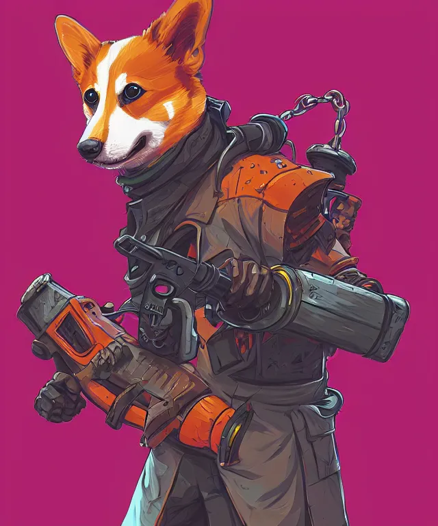 Image similar to a portrait of an anthropomorphic cyberpunk corgi holding a chainsaw, fantasy, elegant, digital painting, artstation, concept art, matte, sharp focus, illustration, art by josan gonzalez