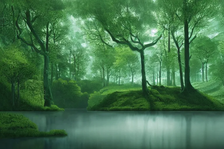 Image similar to a beautiful painting of a vast serene landscape with trees and rivers, green matrix code, detailed, deep focus, movie still, dramatic lighting, ray tracing, by michal karcz and ryoji ikeda