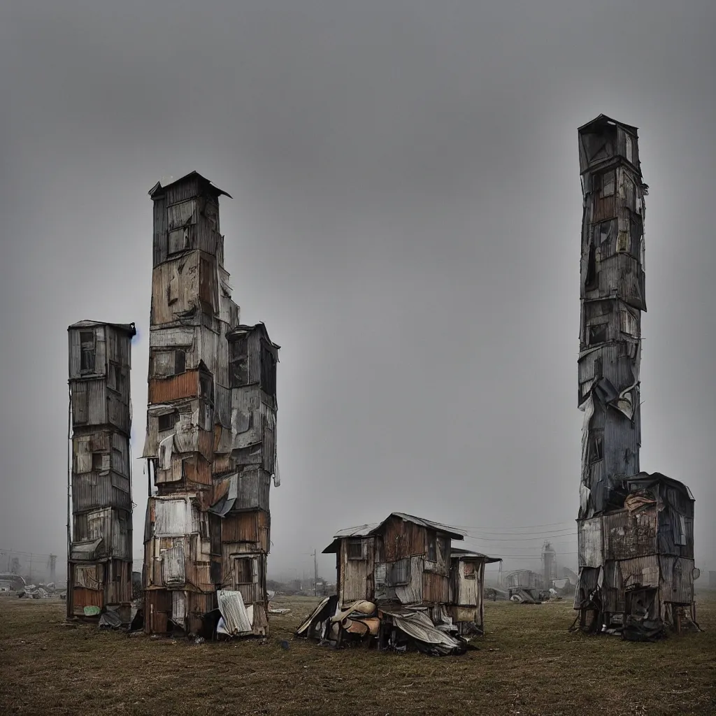 Prompt: two towers, made up of makeshift squatter shacks with faded colours, moody sky at the back, uneven fog, dystopia, mamiya, f 1 1, fully frontal view, ultra sharp, very detailed, photographed by julie blackmon