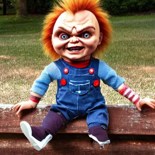 Prompt: chucky the killer doll standing on a park bench