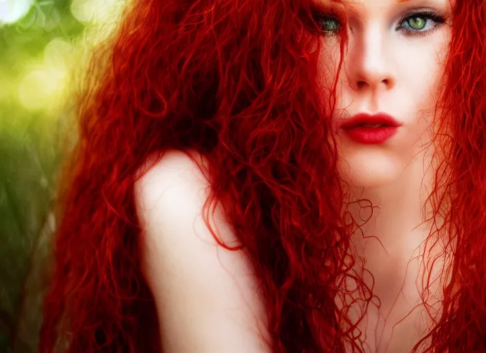 Prompt: award winning 3 5 mm close up face portrait photo of a redhead with blood - red wavy hair and intricate eyes that look like crystals, in a park by luis royo