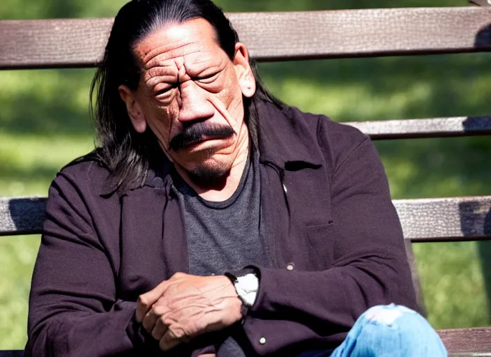 Prompt: photo of sad danny trejo sitting on a park bench crying, 8 k, sunny day