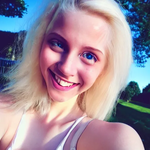 Image similar to beautiful selfie of a cute thin young woman smiling smugly, long light platinum blonde hair, flushed face, small heart - shaped face, cute freckles, light blue eyes, golden hour, 8 k, instagram