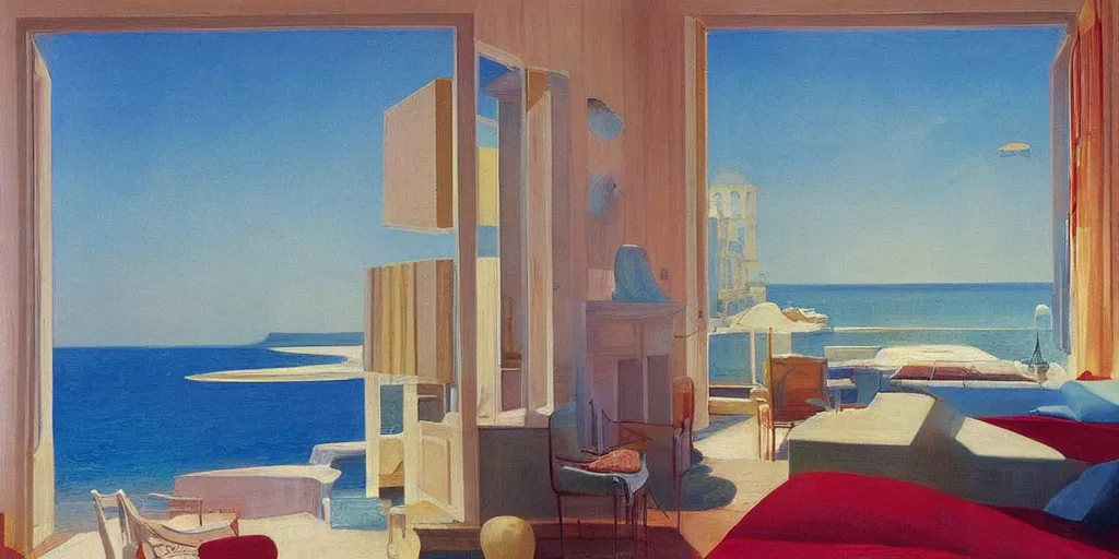 Prompt: rooms by the sea by edward hooper, colorful, hyper realistic