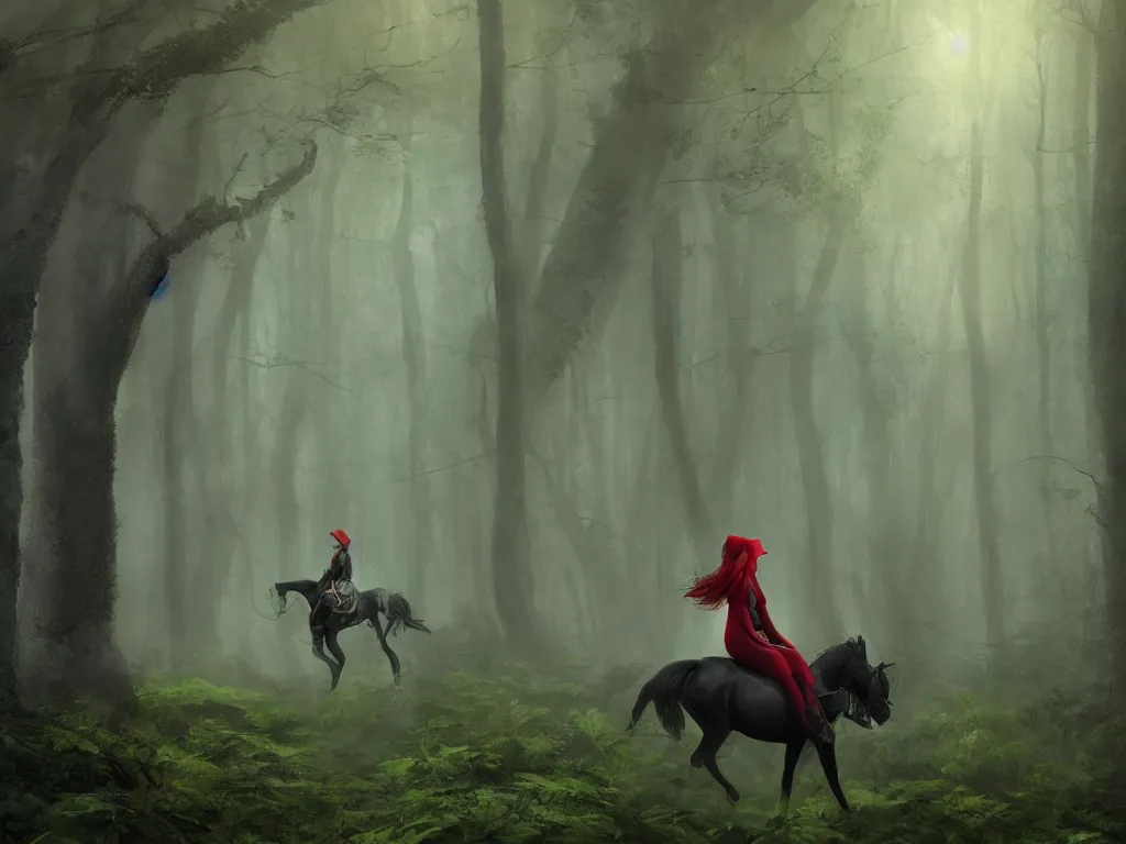 Image similar to a female beauty wearing a red cap rides through a dense green oak and beech forrest on a strong black horse, rays of life, cinematic, fantasy art, moody evening light, foggy, trending on artstation, by esao andrews, by cynthia sheppard, by naoto hatori, by tyler jacobson