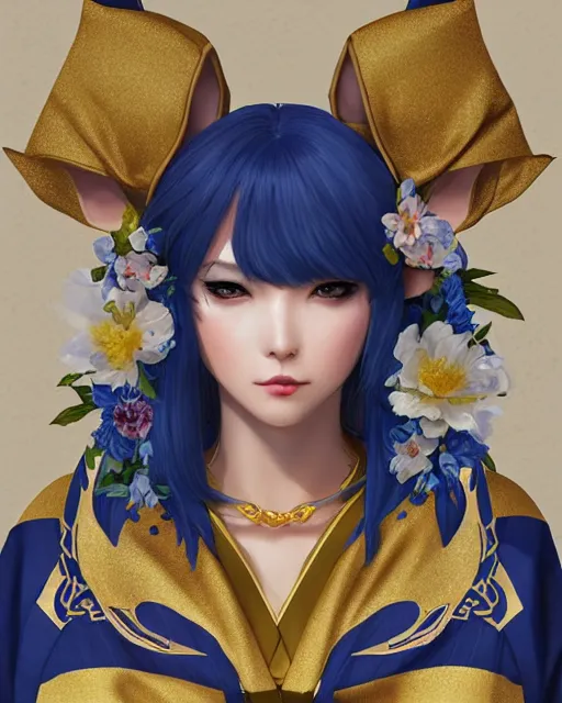 Image similar to Ssunbuki as a woman with fox ears and a royal blue kimono with gold flowers, Yakuza, portrait, visualartzi, korean, concept art by Karla Ortiz, James Paick, Charlie Bowater, Krenz Cushart, highly detailed, ultra detailed, ultra realistic, trending on artstation, cgstudio