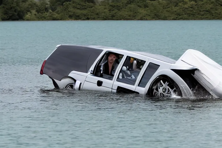 Image similar to Teenagers push Rolls-Royce into lake with their hands from a small slide wanting to drown him